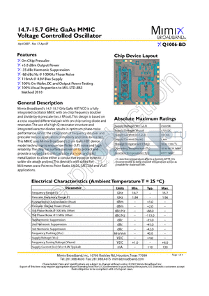XQ1006-BD datasheet - 14.7-15.7 GHz GaAs MMIC Voltage Controlled Oscillator