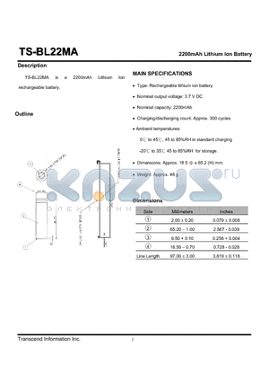 TS-BL22MA datasheet - 2200mAh Lithium Ion Battery