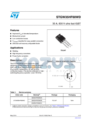 GW35HF60WDB datasheet - 35 A, 600 V ultra fast IGBT