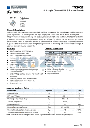 TS2023 datasheet - 1A Single Channel USB Power Switch