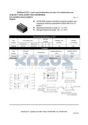 TS2023A datasheet - 10 BASE-T ISOLATION TRANSFORMER