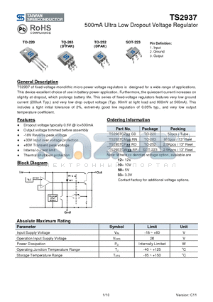TS2937CZ50 datasheet - 500mA Ultra Low Dropout Voltage Regulator