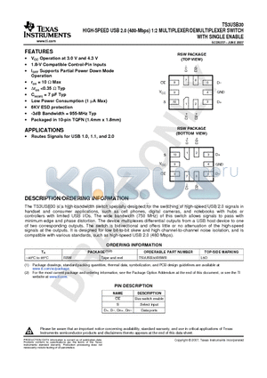 TS3USB30 datasheet - HIGH-SPEED USB 2.0 (480-Mbps) 1:2 MULTIPLEXER/DEMULTIPLEXER SWITCH WITH SINGLE ENABLE