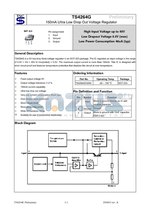 TS4264G datasheet - 150mA Ultra Low Drop Out Voltage Regulator