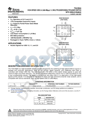 TS3USB30RSWR datasheet - HIGH-SPEED USB 2.0 (480-Mbps) 1:2 MULTIPLEXER/DEMULTIPLEXER SWITCH WITH SINGLE ENABLE