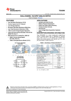 TS5A2066YZPR datasheet - DUAL-CHANNEL 10-Y SPST ANALOG SWITCH