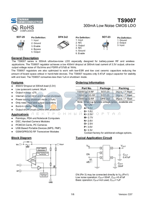 TS9007 datasheet - 300mA Low Noise CMOS LDO