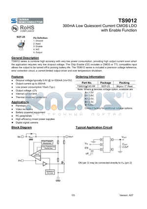 TS9012 datasheet - 300mA Low Quiescent Current CMOS LDO with Enable Function