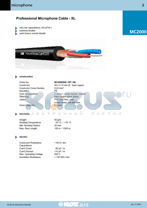 MC2000 datasheet - Professional Microphone Cable - XL