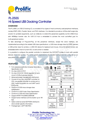 PL-2555 datasheet - Hi-Speed USB Docking Controller