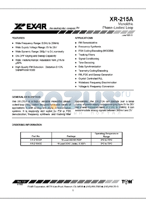 XR-215ACD datasheet - Monolithic Phase-Locked Loop