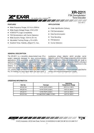 XR-2211 datasheet - FSK Demodulator/ Tone Decoder