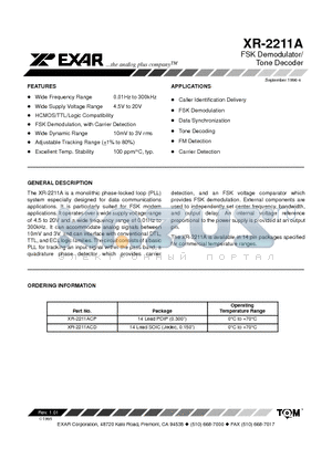 XR-2211ACD datasheet - FSK Demodulator/ Tone Decoder