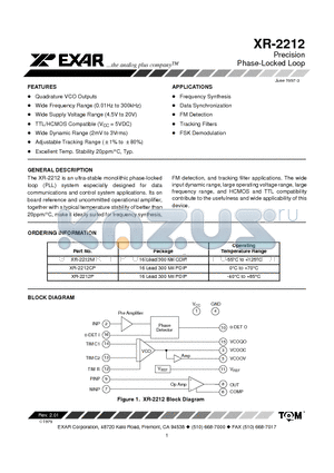 XR-2212CP datasheet - Precision Phase-Locked Loop