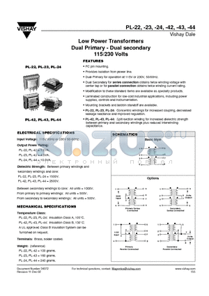 PL-43 datasheet - Low Power Transformers Dual Primary - Dual secondary 115/230 Volts