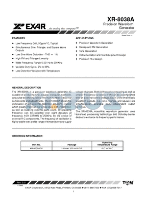 XR-8038ACP datasheet - Precision Waveform Generator