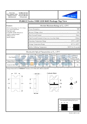 PL00133-WCY06 datasheet - PL00133 Series SMD LED 0603 Package Top View
