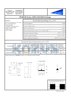PL00130-WCR18 datasheet - PL00130 Series SMD LED 0603 Package