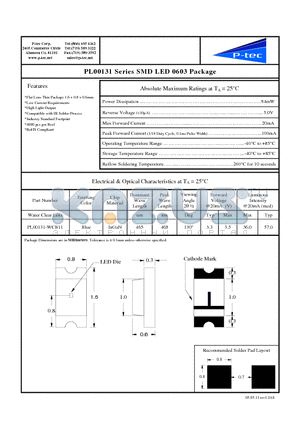 PL00131-WCB11 datasheet - PL00131 Series SMD LED 0603 Package