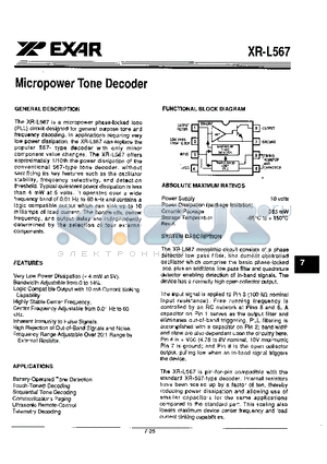 XR-L567 datasheet - Micropower Tone Decoder