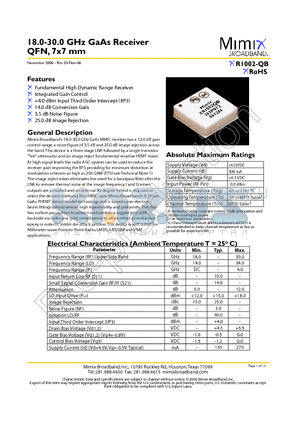 XR1002-QB-0N0T datasheet - 18.0-30.0 GHz GaAs Receiver QFN, 7x7 mm