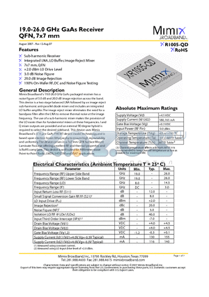 XR1005-QD-0N00 datasheet - 19.0-26.0 GHz GaAs Receiver QFN, 7x7 mm