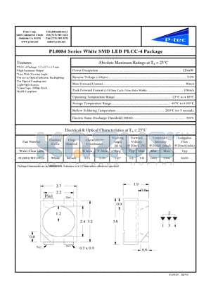 PL0084-WC3W24 datasheet - White SMD LED PLCC-4 Package