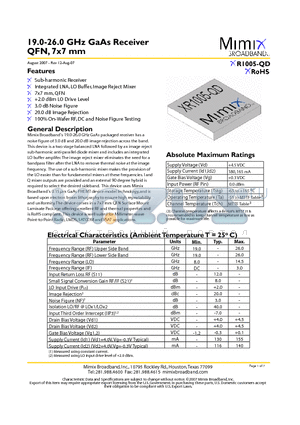XR1005-QD-0N0T datasheet - 19.0-26.0 GHz GaAs Receiver QFN, 7x7 mm