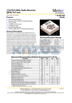 XR1006-QD-0N00 datasheet - 17.0-25.0 GHz GaAs Receiver QFN, 7x7 mm