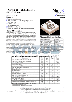 XR1006-QD-EV1 datasheet - 17.0-25.0 GHz GaAs Receiver QFN, 7x7 mm