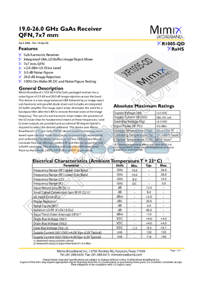 XR1005-QD-EV1 datasheet - 19.0-26.0 GHz GaAs Receiver QFN, 7x7 mm