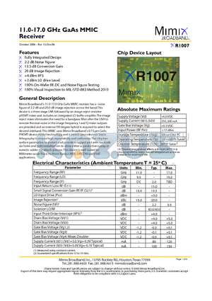 XR1007-BD-000X datasheet - 11.0-17.0 GHz GaAs MMIC Receiver