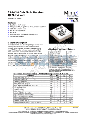 XR1008-QB-EV1 datasheet - 35.0-45.0 GHz GaAs Receiver QFN, 7x7 mm