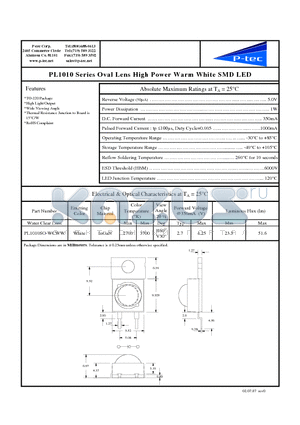 PL1010SO-WCWW datasheet - Oval Lens High Power Warm White SMD LED