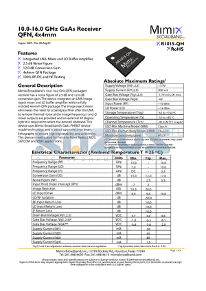 XR1015-QH-0G00 datasheet - 10.0-16.0 GHz GaAs Receiver QFN, 4x4mm