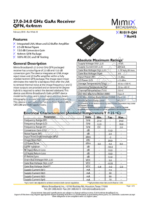 XR1019-QH-0G0T datasheet - 27.0-34.0 GHz GaAs Receiver QFN, 4x4mm