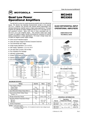 MC3303D datasheet - QUAD DIFFERENTIAL INPUT OPERATIONAL AMPLIFIERS