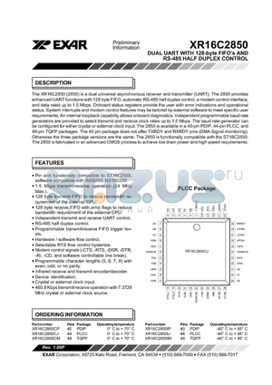 XR16C2850CJ datasheet - DUAL UART WITH 128-byte FIFOs AND RS-485 HALF DUPLEX CONTROL