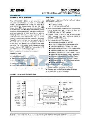XR16C2850CJ datasheet - 2.97V TO 5.5V DUAL UART WITH 128-BYTE FIFOS
