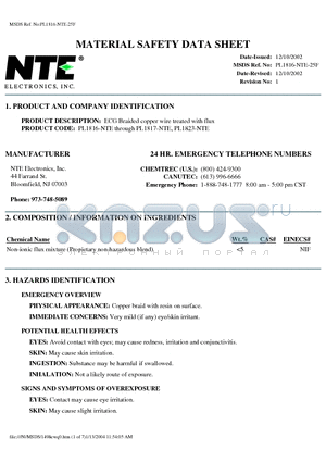 PL1823-NTE datasheet - MATERIAL SAFETY DATA SHEET