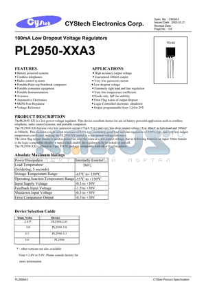 PL2950 datasheet - 100mA Low Dropout Voltage Regulators