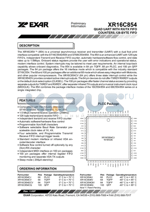 XR16C854DIV datasheet - QUAD UART WITH RX/TX FIFO COUNTERS,128-BYTE FIFO