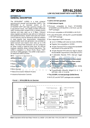 XR16L2550 datasheet - LOW VOLTAGE DUART WITH 16-BYTE FIFO