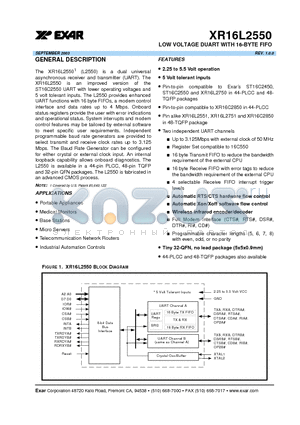 XR16L2550IJ datasheet - LOW VOLTAGE DUART WITH 16-BYTE FIFO