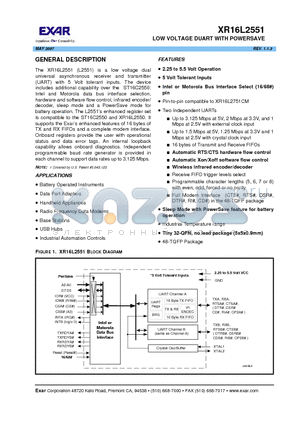 XR16L2551 datasheet - LOW VOLTAGE DUART WITH POWERSAVE