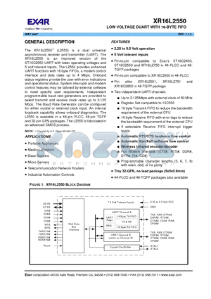 XR16L2550IL datasheet - LOW VOLTAGE DUART WITH 16-BYTE FIFO