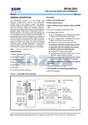 XR16L2551_07 datasheet - LOW VOLTAGE DUART WITH POWERSAVE