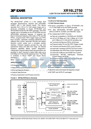 XR16L2750CJ datasheet - 2.25V TO 5.5V DUART WITH 64-BYTE FIFO