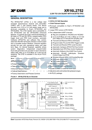 XR16L2752 datasheet - 2.25V TO 5.5V DUART WITH 64-BYTE FIFO