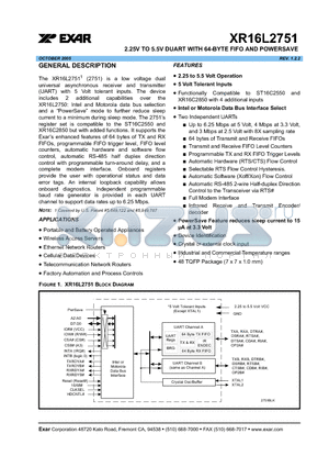 XR16L2751 datasheet - 2.25V TO 5.5V DUART WITH 64-BYTE FIFO AND POWERSAVE